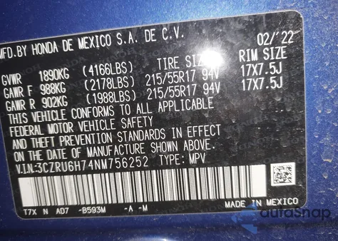 2022 Honda Hr-V Awd Ex-L из США, поврежденный, VIN 3CZRU6H74NM756252